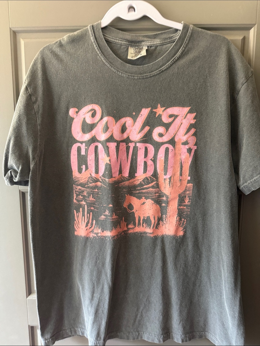 Comfort Colors Gray Tee with Pink 'Cool It Cowboy' Graphic